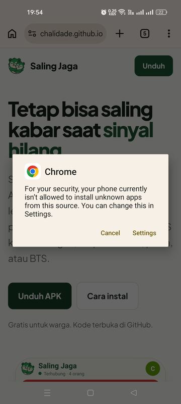 Dialog Chrome: HP belum mengizinkan instal aplikasi dari sumber ini
