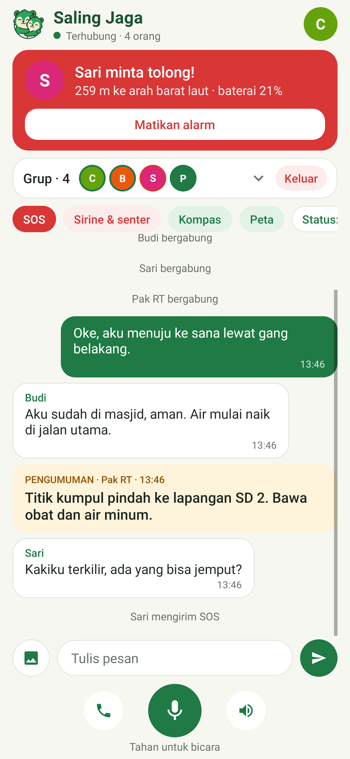 Layar Saling Jaga saat ada SOS masuk dari anggota grup
